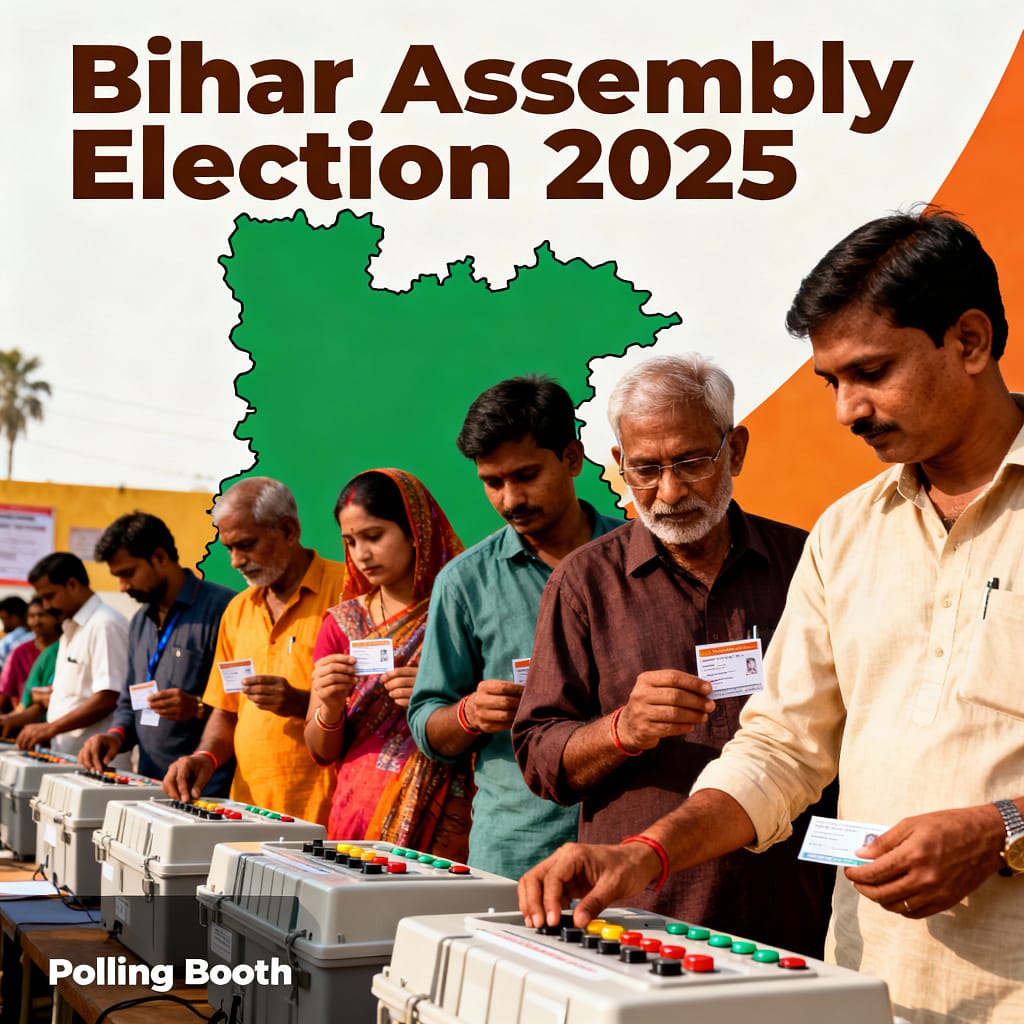 बिहार विधानसभा चुनाव 2025 के लिए मतदान, वोटर, बैलेट बॉक्स और बिहार का नक्शा