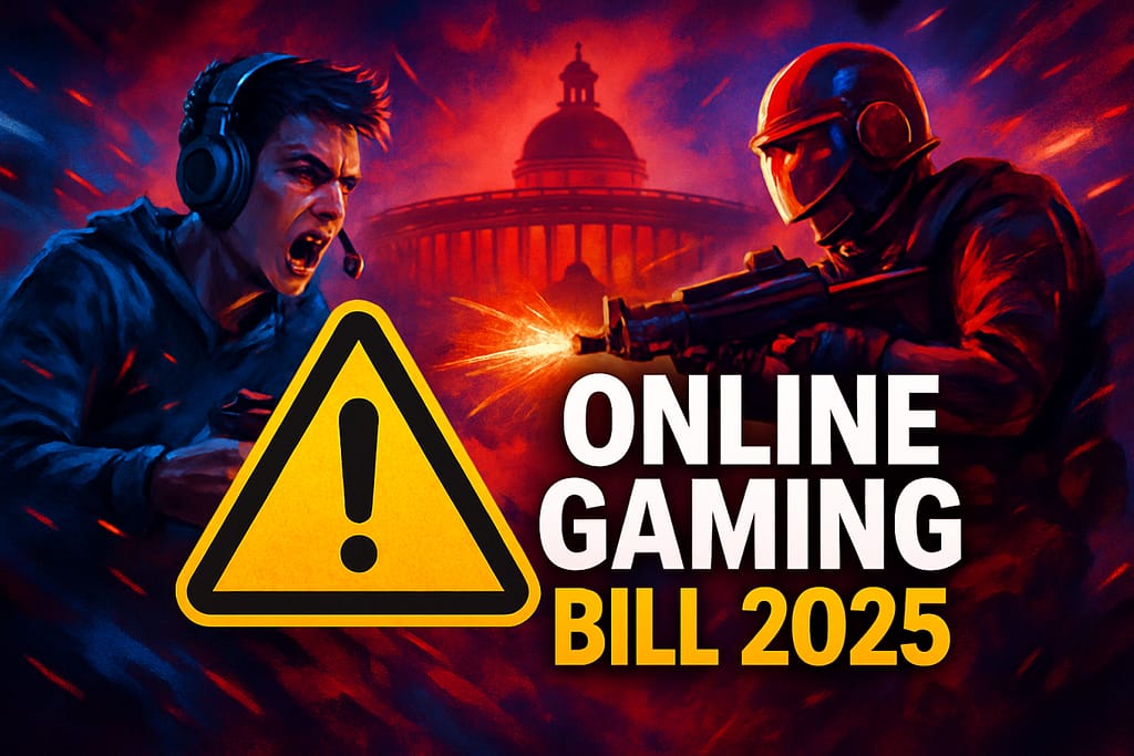 "ऑनलाइन गेमिंग बिल 2025 फीचर इमेज: भारतीय संसद का सिल्हूट, मोबाइल गेमर्स की चिंता और मनी गेमिंग पर बैन का बड़ा चेतावनी संकेत।"