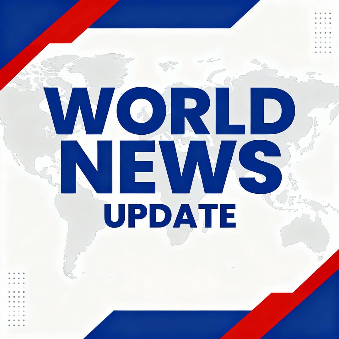 "Professional news banner with bold 'WORLD NEWS' above 'UPDATE', world map background, eye-catching blue and red color scheme"