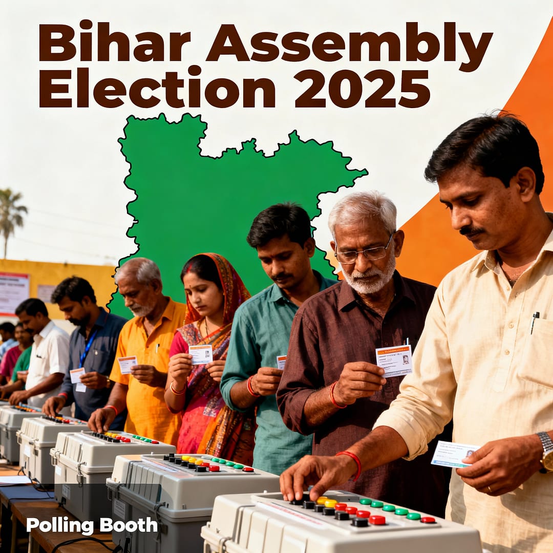 बिहार विधानसभा चुनाव 2025 के लिए मतदान, वोटर, बैलेट बॉक्स और बिहार का नक्शा