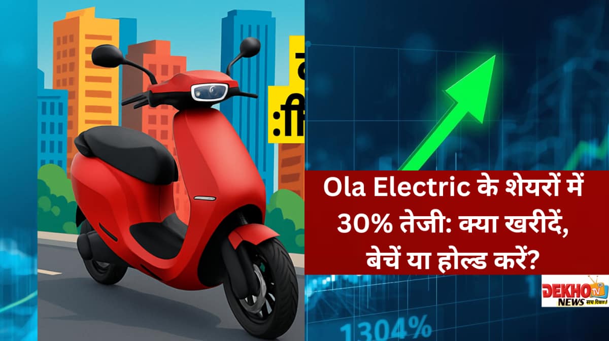 Ola Electric का इलेक्ट्रिक स्कूटर और शेयरों में 30% तेजी पर केंद्रित स्पष्ट हिंदी टेक्स्ट के साथ आधुनिक शहरी पृष्ठभूमि