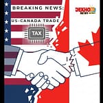 US and Canadian flags with a shattered bridge, symbolizing the collapse of trade talks due to a digital tax dispute.