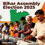 बिहार विधानसभा चुनाव 2025 के लिए मतदान, वोटर, बैलेट बॉक्स और बिहार का नक्शा