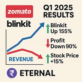 Infographic showing Zomato Q1 2025 results: Blinkit revenue up 155%, net profit down 90%, stock price up 15%
