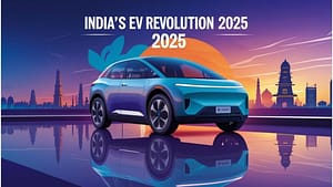 चार्जिंग स्टेशन से जुड़ा हुआ एक आधुनिक इलेक्ट्रिक वाहन, नीले आसमान के नीचे खड़ा, 2025 में भारत की EV क्रांति को दर्शाता हुआ