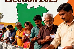 बिहार विधानसभा चुनाव 2025 के लिए मतदान, वोटर, बैलेट बॉक्स और बिहार का नक्शा