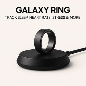 Samsung Galaxy Ring on a wireless charger with launch text highlighting its wearable tech debut