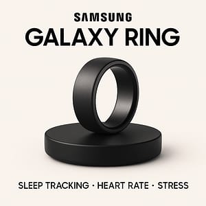 Samsung Galaxy Ring on a wireless charger with launch text highlighting its wearable tech debut