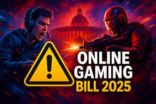"ऑनलाइन गेमिंग बिल 2025 फीचर इमेज: भारतीय संसद का सिल्हूट, मोबाइल गेमर्स की चिंता और मनी गेमिंग पर बैन का बड़ा चेतावनी संकेत।"