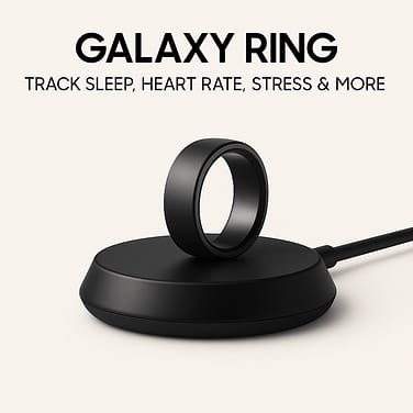 Samsung Galaxy Ring on a wireless charger with launch text highlighting its wearable tech debut