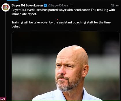 Erik ten Hag looking dejected on the sidelines during a Bayer Leverkusen vs. Werder Bremen Bundesliga match with intense football atmosphere