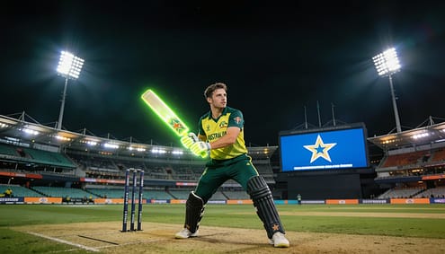 बेन मैकडर्मोट ऑस्ट्रेलियाई जर्सी में बल्लेबाजी करते हुए, बीबीएल स्टेडियम में मेलबर्न स्टार्स लोगो के साथ।