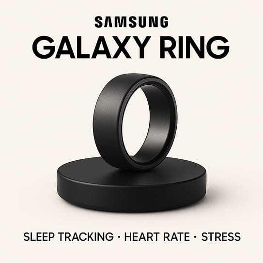 Samsung Galaxy Ring on a wireless charger with launch text highlighting its wearable tech debut